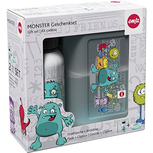 Emsa 516173 2-teiliges Geschenkset für Kinder, Brotdose und Trinkflasche, Mint, Kids Set Monster