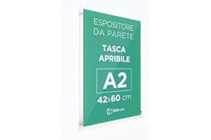 3DSCUBE Espositore in plexiglass di ALTISSIMA qualità, da parete, targa a tasca apribile in plexiglass, porta avvisi e depliant formato A2 60x42 cm, completa di distanziali in alluminio (A2 Verticale)