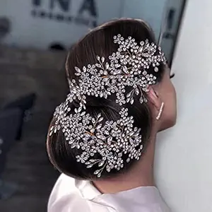 2 Pack Bride Wedding Headbands, Rhinestone Bridal Bridesmaid Hair Clips Accessories, Flower Girls Headpieces for Women (Gold)