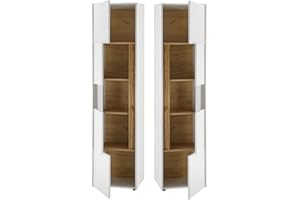 Lomadox Wohnzimmer Vitrinenschrank in weiß mit Absetzungen in Wotan Eiche Nb., B/H/T: ca. 50/197/40 cm