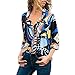 Produktbild ESAILQ Frau V-Ausschnitt Blumendruck Button Down Long Sleeve T-Shirts LäSsige Blusen Tops(Medium,Blau)