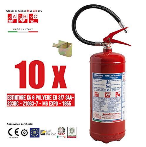 Lotto 10 Pezzi Estintore a Polvere 6 Kg Omologato Classe di Fuoco: 34 A 233 B C