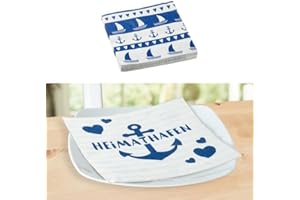 ‎POSTEN ANKER Posten Anker Servietten 4er Set Maritim, Papierservietten 3-lagig in 33 x 33 cm, Strand und Schiffe in Blau Weiß, Dekoration für Esstisch und Ferienwohnung