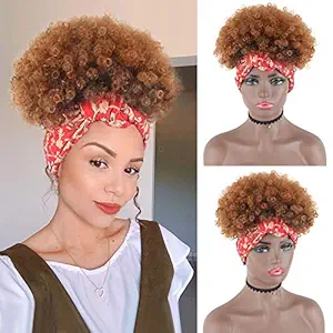 AISAIDE High Puff Afro Wig Headband Wigs for Black Women,Kinky Curly Wig Drawstring Ponytail Turban Wig Wrap Wig 2 in 1,Headband Wig With Headband Attached(1B/30)