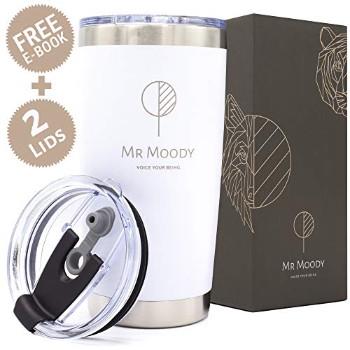 MR MOODY | Tazza Termica da Viaggio 500ml Acciaio Inox | Borraccia Thermos per Caffè Tè Acqua Birra Caldo o Freddo per 10 ORE | No BPA, Doppia Parete, Chiusura Ermetica | 2 Coperchi + E-Book GRATIS