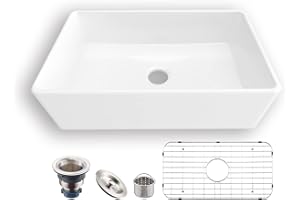 MEJE Fregadero de granja de 84x50,5 cm, Fregadero de cocina reversible individual, Fregadero de cerámica blanca con frente de delantal, Fregadero de lavado con coladores y rejillas inferiores