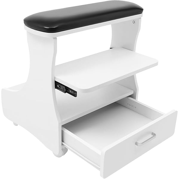 Tabouret De Pédicure à Roulettes EBANKU - Repose-pieds Mobile Avec Rangement - Blanc Pour Salon Ou Maison