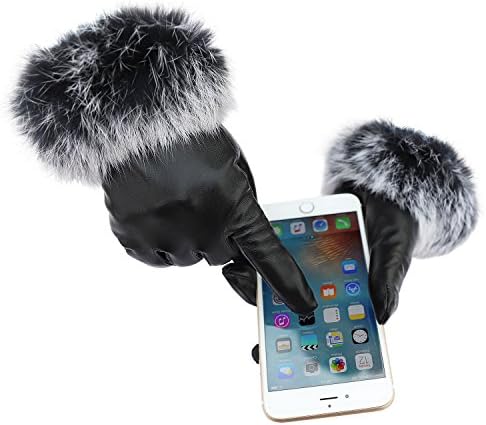 MissLuen Women Leather Touch Screen Gloves Thick Winter Warm Gloves with Faux Fur Cuff Cashmere Lined Driving Gloves (With Touch Screen Function Black, Middle)