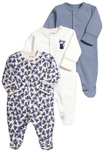 Mamas & Papas Baby-Girls Mamas And Papas 3 Pack Flower All In One Long Sleeve Set of 3 Footies, Blue, 0-3 Months