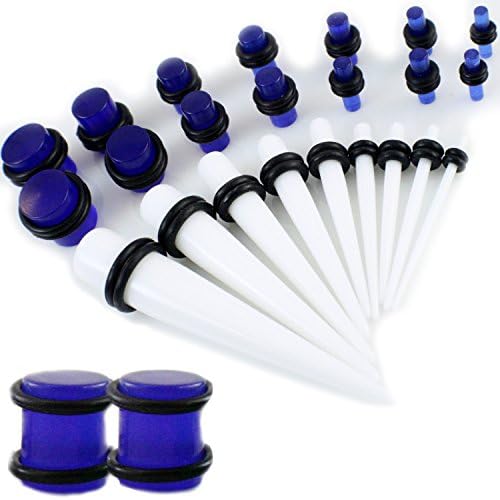 Gauge Gear® 28Pc White Ear Expander Kit- White Ear Taper Kit and Blue Glow Ear Plug Set 1.3mm-10mm