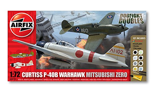 Airfix 1:72 Dogfight Doubles Curtis P-40 and Mitsubishi Zero Scale Military Aircraft Gift Set including Paint, Glue and Brushes