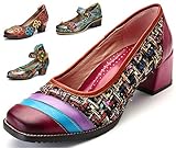  Camfosy Damen Vintage Leder Pumps,Klassische Mary Jane Schuhe mit Absatz Halbschuhe Party rutschfest Elegant Schuhe Slipper 2019 Frühling Sommer Handgefertigt Blume Arbeitsschuhe Rot 37 EU