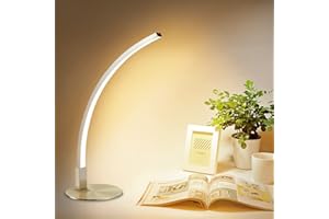 DEPULEY 6W Arc Type LED Desk Lamp Eye Caring Table Lamp 3000K Warm White Silver Nickel Finish Simple Reading Lamp for Student Study Office Bedroom Living Room