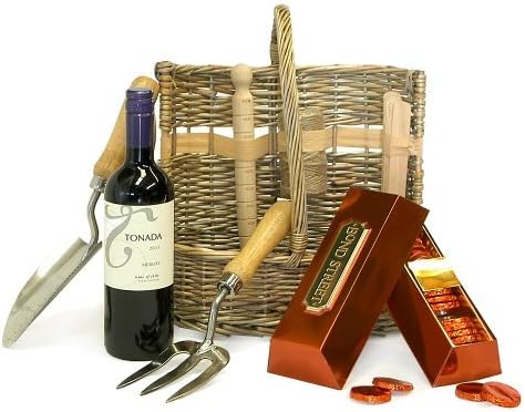 Deluxe Wicker Garden Tool Basket Set &amp; Tonada Merlot Red Wine 750ml with Luxury Bond Street Gold Bar Dark Chocolate With Orange