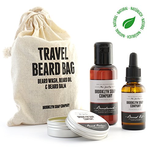 Bartpflege-Set: Travel Bag ✔ bestehend aus Bartshampoo, Bartöl, Bartwachs ✔ Naturkosmetik der BROOKLYN SOAP COMPANY ® ✔ Geschenkidee als Geschenk für Männer und als Reiseset für den modernen Mann