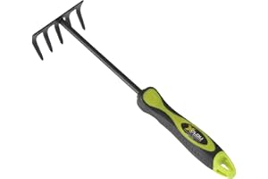 Xclou Râteau à main jaune et noir - Râteau à fleurs avec manche ergonomique - Petit râteau de jardin à 5 dents - Outil de jardinage multifonctions