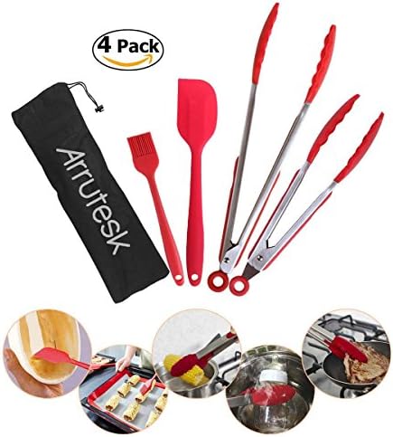 Arrutesk Silicone Cooking Feeding Tongs, Cook Steak accessories--Set of 3 Kitchen Locking Tongs, 1 Shovel, 1 oil Brush- for BBQ Grill, Cook Steak, Oven Baking, Salad Steak Vegetable Pasta, Fish Servin (MIK 691)