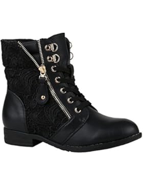 Stiefelparadies Damen Schnürstiefeletten Stiefeletten Worker Boots Kurzschaft-Stiefel Spitzenstoff Leder-Optik...