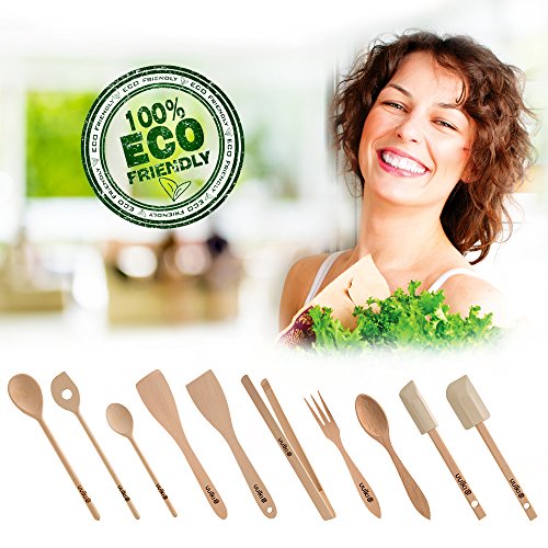 Uulki® 10-tlg. Umweltfreundliches Küchenutensilien Set aus Ardenner Buchenholz – Küchenhelfer hergestellt in Europa (Kochlöffel, Teigschaber, Pfannenwender, Salatbesteck, Grillzange) - 7