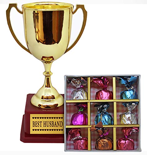 TIED RIBBONS Valentines Day Gift for Husband - Gift Combo ( Golden Trophy and Handmade Dark Chocolates Gift Box )