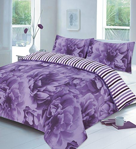 ROSE FLORAL PRINT LIME RED LILAC TEAL COLOURS DUVET QUILT COVER PILLOWCASE BEDDING SET (Super King, Lilac)