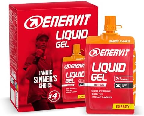 Enervit, Liquid Gel Arancia, Gel Energetico con Maltodestrine, Per Sport ad Alta Intensità, 30g di Carboidrati, Tappo Richiudibile, Gusto Arancia, VeganOK, Senza Grassi, Senza Glutine, 4 Pack da 60ml