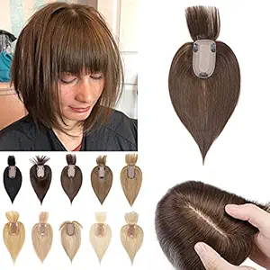 S-noilite 6inch Clip in Hair Toppers with Bangs Human Hair 150% Density Silk Base Top Hairpieces with Fringe Remy Hair Clip on Toupee For Women with Thinning Hair 27g #4 Medium Brown