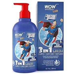 WOW Skin Science Kids 3 in 1 Wash - Shampoo + Conditioner + Body Wash - Blue Guardian Superman Edition - No Parabens, Color, Mineral Oil, Silicones & Sulphate - 300mL