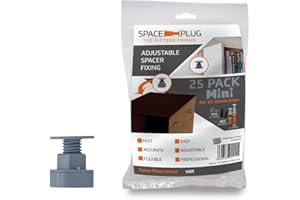 Space-Plug Adjustable Spacer Fixings (Mini Size for 15-35mm Gaps), 25 Pack of Grey Spacers, Professional & DIY use for Kitchen, Bedroom, Bathroom & Furniture installations