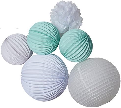 Under The Paper Lantern - Premium paper lantern set "GABRIEL" - 6 accordion paper lanterns, paper lantern and pompom in pastel aqua and white colors. Hanging kit included. For nursery and party decor.