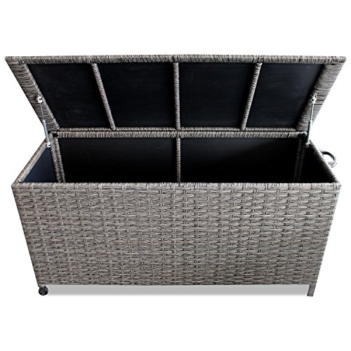 Auflagenbox Kissenbox Gartenbox Gartentruhe Aufbewahrungsbox Aufbewahrungskiste Kissentruhe – mit Hubautomatik, 134x56x65cm, Poly Rattan, Rollbar, Grau - 2