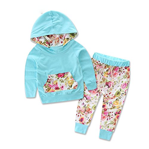 Internet Baby Kids Long Sleeve Floral Print Tracksuit Top +Pants Outfits Set (80, Blue)