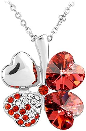 Le Premium® Four Leaf Clover Pendant Necklace Heart Shaped SWAROVSKI Padparacha Red Crystals