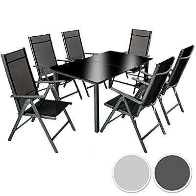 TecTake Aluminium 6+1 salon de jardin ensemble sièges meubles chaise table en verre gris foncé (Gris foncé | No. 402166)