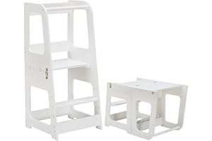 KYWAI® Tour d Observation Enfant en Bois Convertible en Bureau et Tabouret - Tour d'Observation Montessori avec Design Breveté, Fermetures de Sécurité, Finitions Haut de Gamme, Fonction 2-en-1 (Blanc)