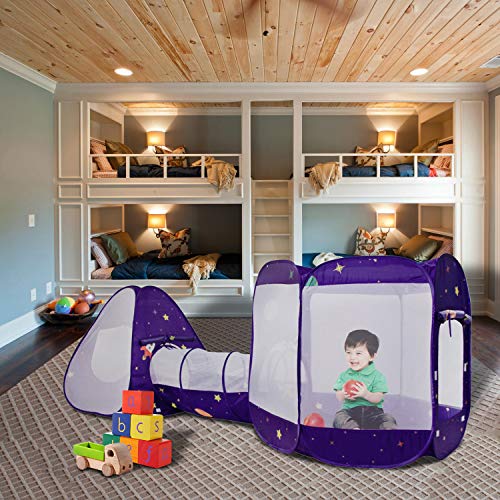 ALPIKA Kids Pop Up Tunnel Tents Children 3pc Play Tunnel Indoor Outdoor Toys Toddler Space rocket Play Ball Pit For Boys Girls (Tent with Tunnel)