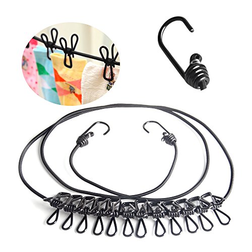 Flexible Wäscheleine justierbare Wäscheleine mit 12pcs Wäscheklammern für im Freien und Innengebrauch,180-360cm (Schwarzes)