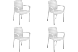 Keter Bali - Pack x4 Silla jardín para Interior y Exterior con reposabrazos Ideal para Jardines y terrazas, apilable, Resina con Acabado de ratán Plano, Color Blanco