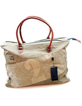 Tasche Damen Shopper Canvas aus Leinen mit Lederriemen Vintage Handtasche mit aufgenähtem Muster 45cm x 32cm....