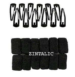 Zintalic Black Cotton Wool Large Thick Rubber Bands With Black Tiktok Hair Clips For Girls & Women (Set of 12 Pcs Each)