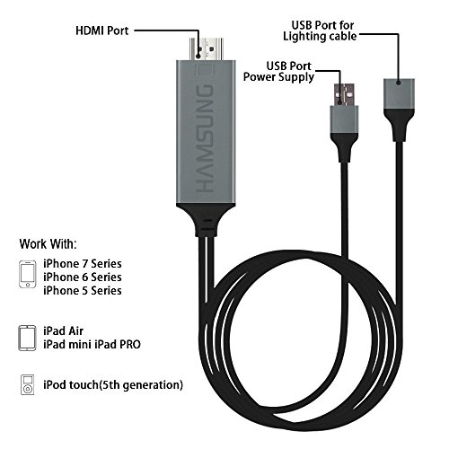 Lightning to HDMI Cable,HanXiang [New Generation]6.5ft MHL to HDMI Plug
and Play Digital AV to HDMI 1080P HDTV Adapter for iPhone 7 series /
iPhone 6 series / iPhone 5 series, iPad Air / Mini / Pro, iPod Touch
5th / Type-c series /Samsung and other HD Phone etc(Red) to Mirror on
TV Projector (gray)