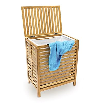 Relaxdays Panier à linge corbeille bambou coffre bois sac rangement HxLxP: 60x50,5x35,5cm bac à vêtement avec couvercle, blanc et marron