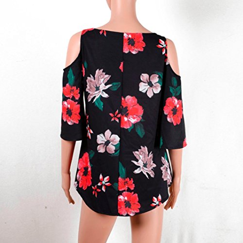 Damen Bluse Internet Blumen Druck T-Shirt Drei Viertel Hülse weg von Schulter Bluse (S) - 4