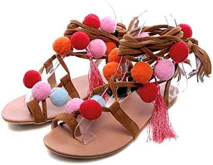 QXH Women's Shoes Sandals Round Head Flats Strap Large Size,Brown,44