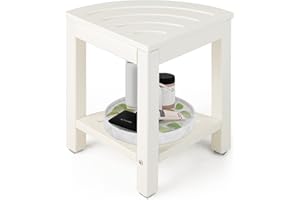 LIFEZEAL Eck Badhocker Duschhocher, Sitzhocker mit Ablage, Badezimmerhocker in Fächerform, Eckduschhocker max 150kg belastbar (Weiß)