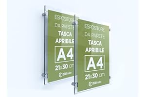 3DSCUBE N.2 PEZZI Targa in plexiglass da parete a tasca apribile, porta avvisi e depliant formato A4 verticale 21×30 cm, completa di distanziali in alluminio (2 pezzi)