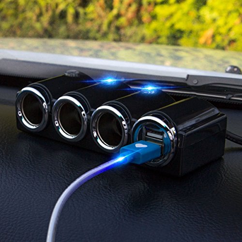 KFZ 12V/24V Auto Verteiler 5 Fach – 3x Zigarettenanzünder Adapter mit 2x USB Ladegerät 120W + Kabel 2in1 microUSB/Lightning für Handy Smartphone GPS Navigation – Ladesteckdosen LED - 4