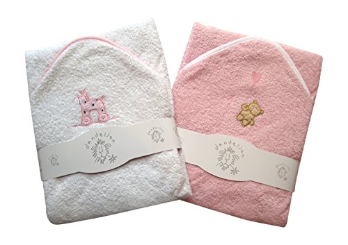 A Set of Two Beautiful Baby Bath Towels - 100% Cotton In Pink or Blue with Cute Animal Appliques (Pink)