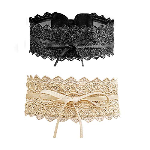 Imixcity 2/4 Pack Ceinture à Nouer Obi Dentelles pour Robe (Or & Noir, 220cm/86.61' x 10cm/3.94')