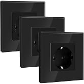BSEED Schuko Socket 1 Gang 3 Pack, Wall Socket 16A with Glass Plate 86 x 86 mm, Black